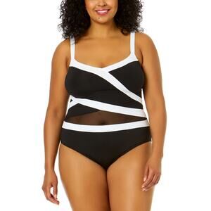 Anne Cole Plus Size Contrast-Trim Mesh-Insert One-Piece